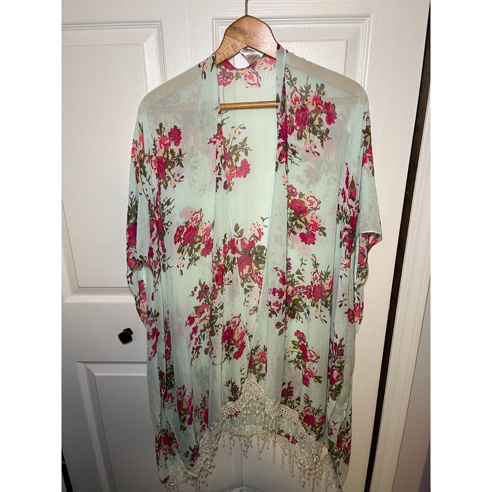 Women’s Floral Kimono Cardigan Mint Green Lace Fringe Boho Cover Up